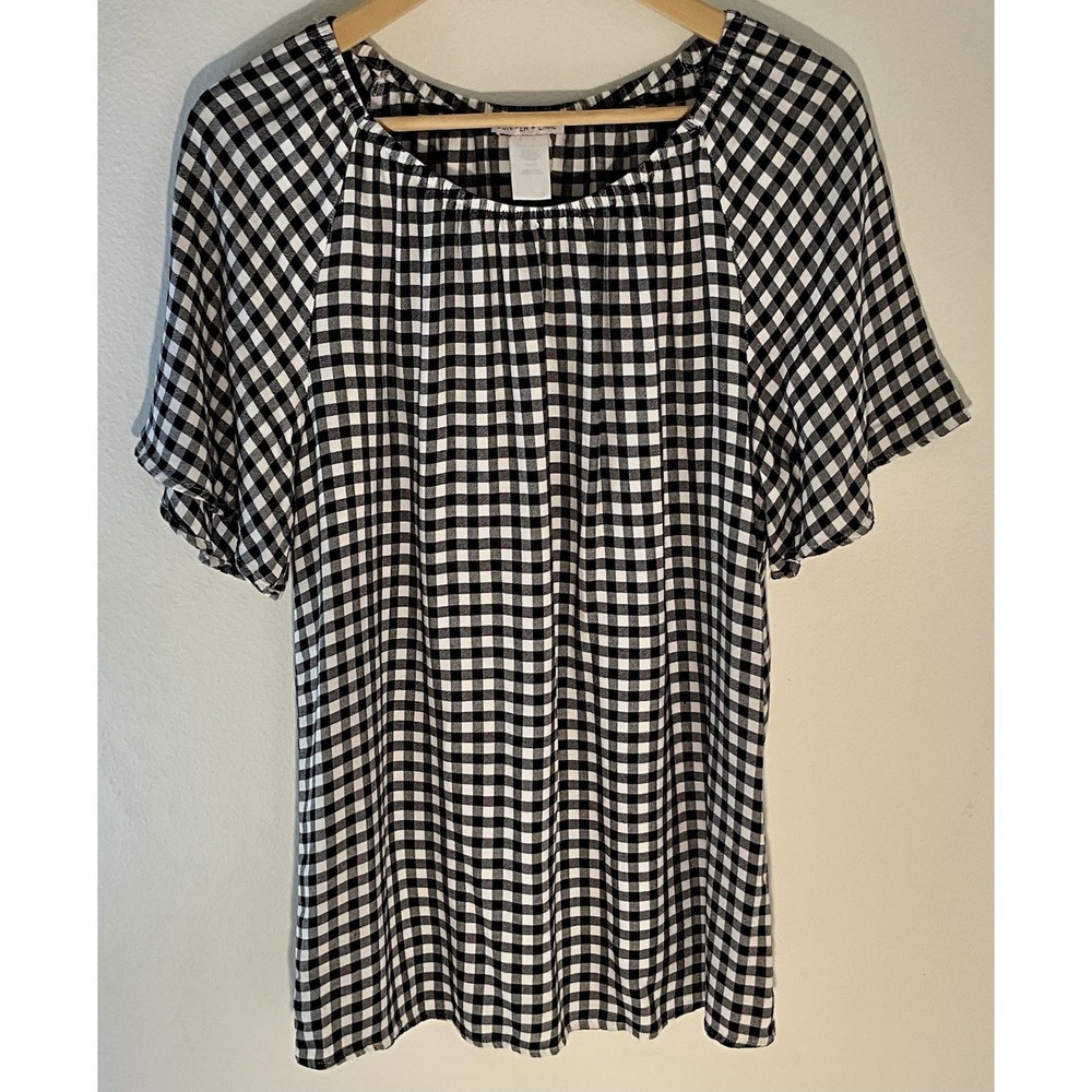 Juniper & Lime Women's Black White Checked Blouse Flare Sleeve Size XL